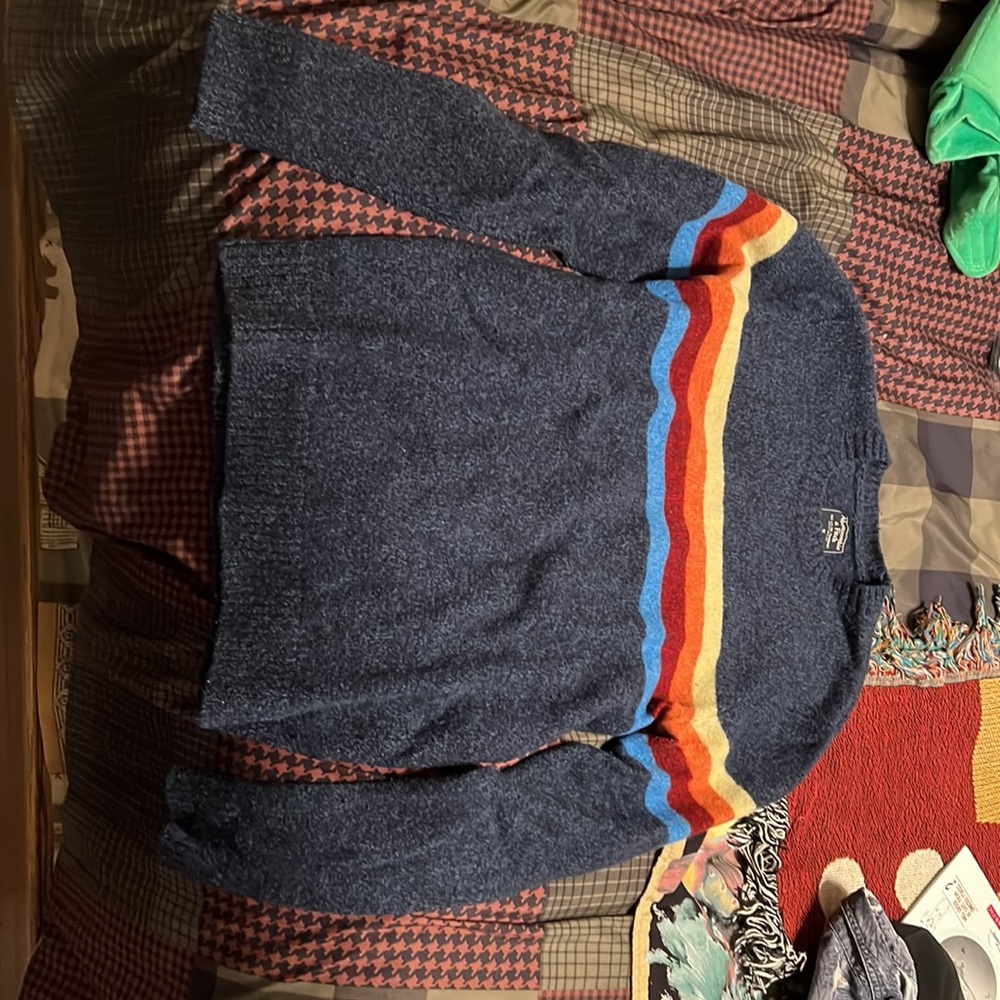 Abercrombie & Fitch Blue Sweater w/ Yellow, Orange, and Red Color Bands